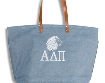 ADPI Alpha Delta Pi Monogrammed Sorority Mascot Jute Line Tote.