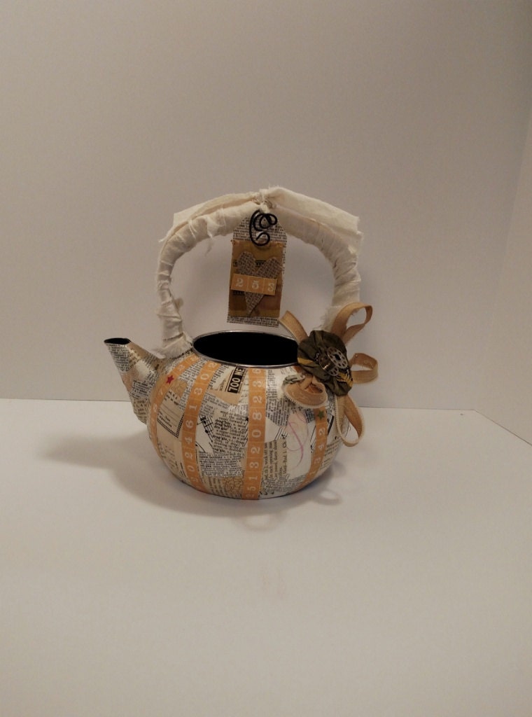 TEAPOT sculpture decoupage teapot mixed media teapot