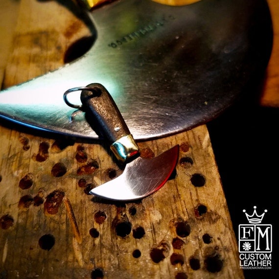 Leather round knife pendant for necklace, keychain Sterling silver, rosewood made for YOU in NYC by Freddie Matara