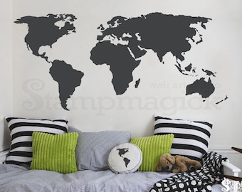 World Map Wall Decal - World Map Decal - Vinyl Wall Art Mural - Chalkboard white chalk black board dry erase sticker continents - K135DG