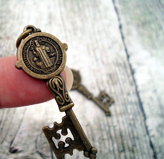 St. Benedict Key Vintage Bronze Holy Medal Charm by MarysPrayers