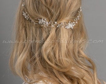 Rhinestone Hair Vine, Bridal Headband, Pearl Leaf and Crystal Headband, Boho Headband - Amelia