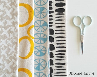 Handprinted fabric bundle - choose any 4 designs in any colour - natural backgrounds