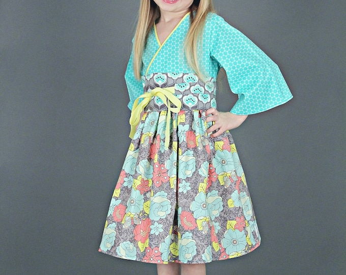 Little Girls Easter Dress - Toddlers - Tween Clothes - Birthday - Girls Kimono Dress - Boutique - Aqua - Grey - Coral - sizes 2T to 14 years