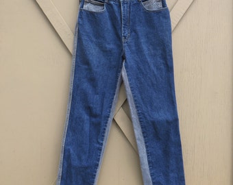 80s vintage Jordache Two-Tone Dark Blue and Light Grey Denim High Waist Tapered Leg Jeans