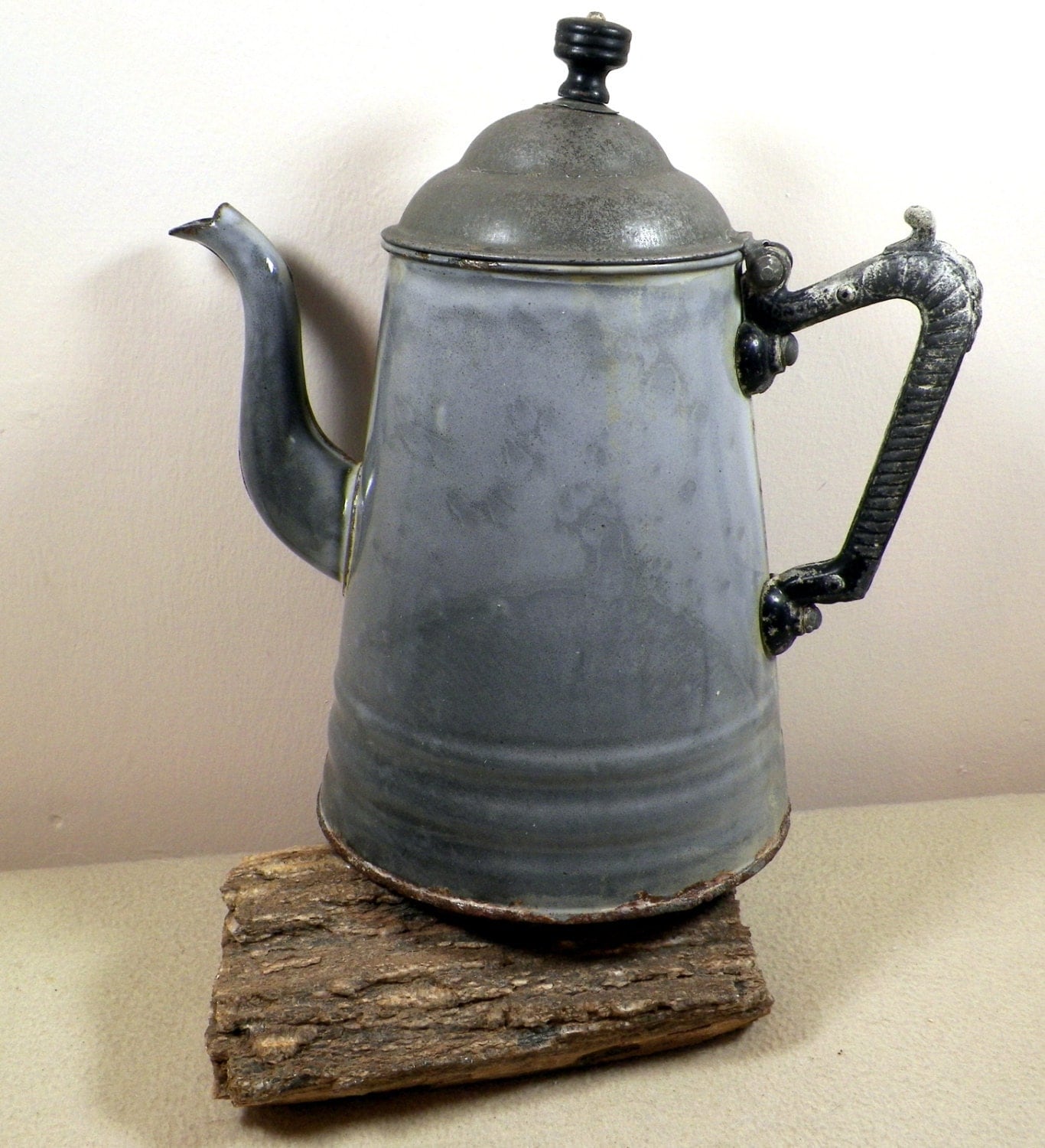 Antique Gray Graniteware Gooseneck 10 Enamel Coffee Pot