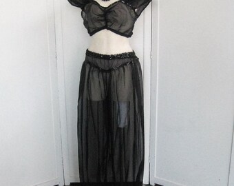 Women's Vintage Sheer Black Harem Girl Belly Dance Costume, Balloon Leg Ankle Pants & Midriff Top, 80's Boho Gypsy Burlesque, Bust 36 37