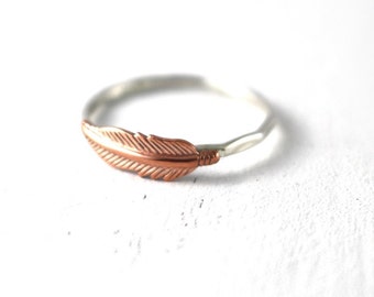 Feather Ring, Stack Ring, Stack Band, Sterling Silver, Silver Ring, Copper Feather Ring, Feather Stack Ring, Hipster Feather Ring, Boho Ring