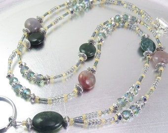 Fancy Jasper and Green Aurora Borealis Crystal Glass Beaded ID Lanyard, Badge Holder, ID Necklace