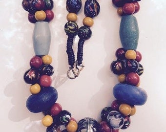 Huge India Signed Blown Glass Tribal Multi Color Necklace