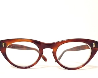 Gorgeous Glossy Cat Eye Glasses USA Faux Tortoise Vintage 50s 60s Amber Brown Eyeglasses Sunglasses SMALL on sale