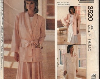 Loose-Fitting Unlined Jacket Tie-Belt and Skirt Pattern OOP UNCUT FF McCall's 3520 Size F- 16,18,20 ©1988