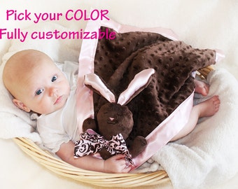 Brown Minky Bunny Rabbit Security Blanket, Lovey Blanket, Satin, Baby Blanket, Stuffed Animal, Baby Toy - Customize Color