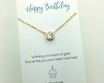 Happy Birthday Card with Gold charm necklace - Choose gold hammered heart necklace , tiny gold star necklace or Cubic Zirconia Solitaire CZ