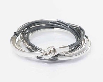 BOHO Leather Wrap Bracelet, Leather Jewelry, Cuff Bracelets, Gift for Her, Gray Leather, Triple Wrap Bracelet, Bangles, Cuff, Tubes, Hook