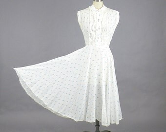 1940s Dress, 40s Dress, Rain Drop Novelty Print Dress, 40s Day Dress, 1940s Summer Dress, Blue & White 40s Cotton Dress