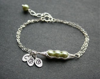 Pea Pod Bracelet, Three Peas in a Pod Bracelet, Peapod Jewelry, Sterling Silver, Mother Gift, Bridesmaids, Three Initial Bracelet, Monogram