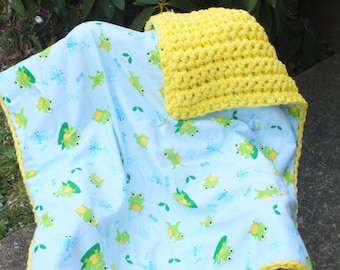Frog baby boy crochet blanket baby girl flannel blanket unisex blanket yellow crochet flannel blanket gender neutral blanket