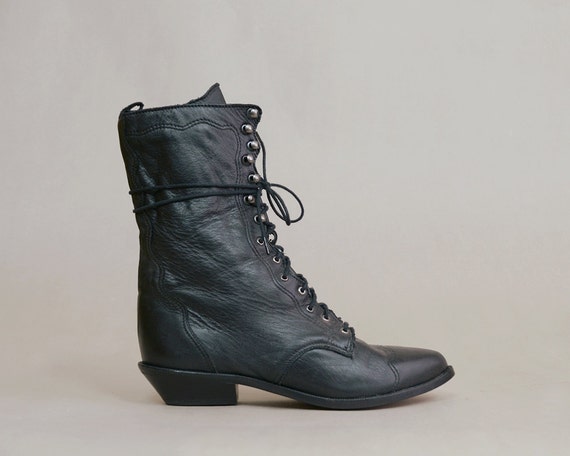 Lace Up Booties Black Leather Zodiac 80s Granny Boots Roper