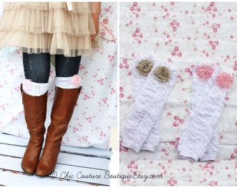 Mother's Day Gift Ruffle Leg Warmers w Chiffon Roses Women's, Girl Boot Socks, Boot Cuffs Mommy and Me Matching Newborn size through Women