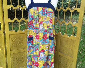 60s sun dress, tent trapeze dress, big pockets and mosiac print, XS S M