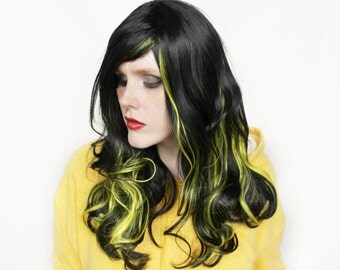 SALE Long Black wig | Curly Black Scene wig, Yellow Emo wig | Scene Emo wig | Yellow Jacket