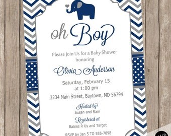 Elephant Oh Boy Baby Shower Invitation Navy and Gray Chevron printable invitation EOBGN