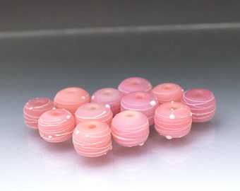 Pink bead set pink lampwork glass beads matte beads etched beads round beads Pink lampwork Pink glass beads cocoon Anne Londez SRA OOAK