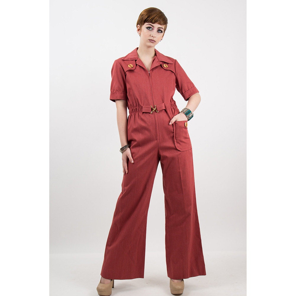 Vintage bell bottom jumpsuit / 1970s Terra cotta light wale