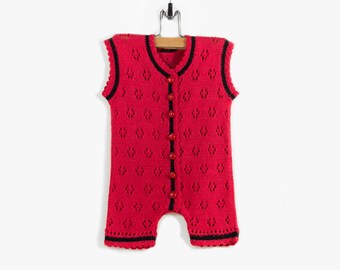 Knitted Baby Sleeveless Romper - Red, 6 - 9 months, ladybug buttons