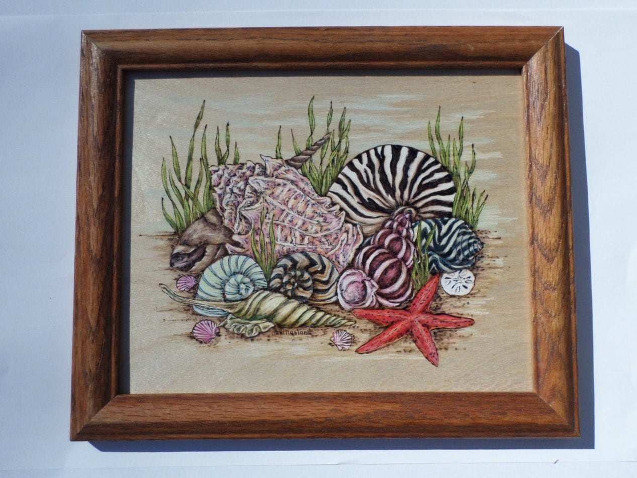 Seashell wood burning art pyrography wall decor