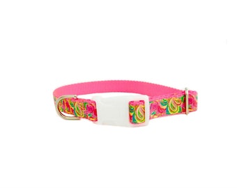 Paisley Dog Collar, Hot Pink Yellow Floral Paisley Lilly Pulitzer Dog Collar