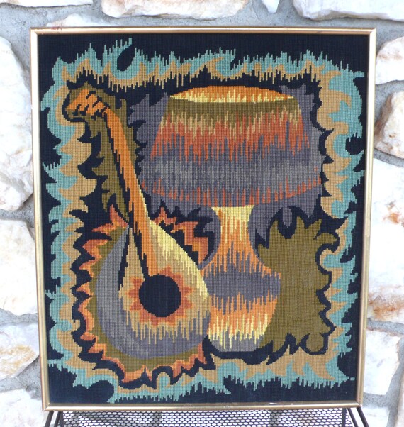 Vintage Mid Century Modern Needlepoint Guitar Mandolin Art