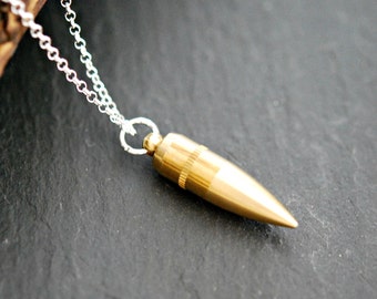 Brass bullet necklace, bullet jewelry, long sterling silver chain, gamer gift, weapon, military, army, mixed metals, breathless