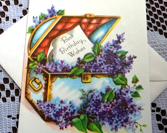 Vintage Happy Best Birthday Wishes Embossed Treasure Chest Lilac Flowers Greeting Card & Envelope 1940s 1950s Unused On Your Birthday USA