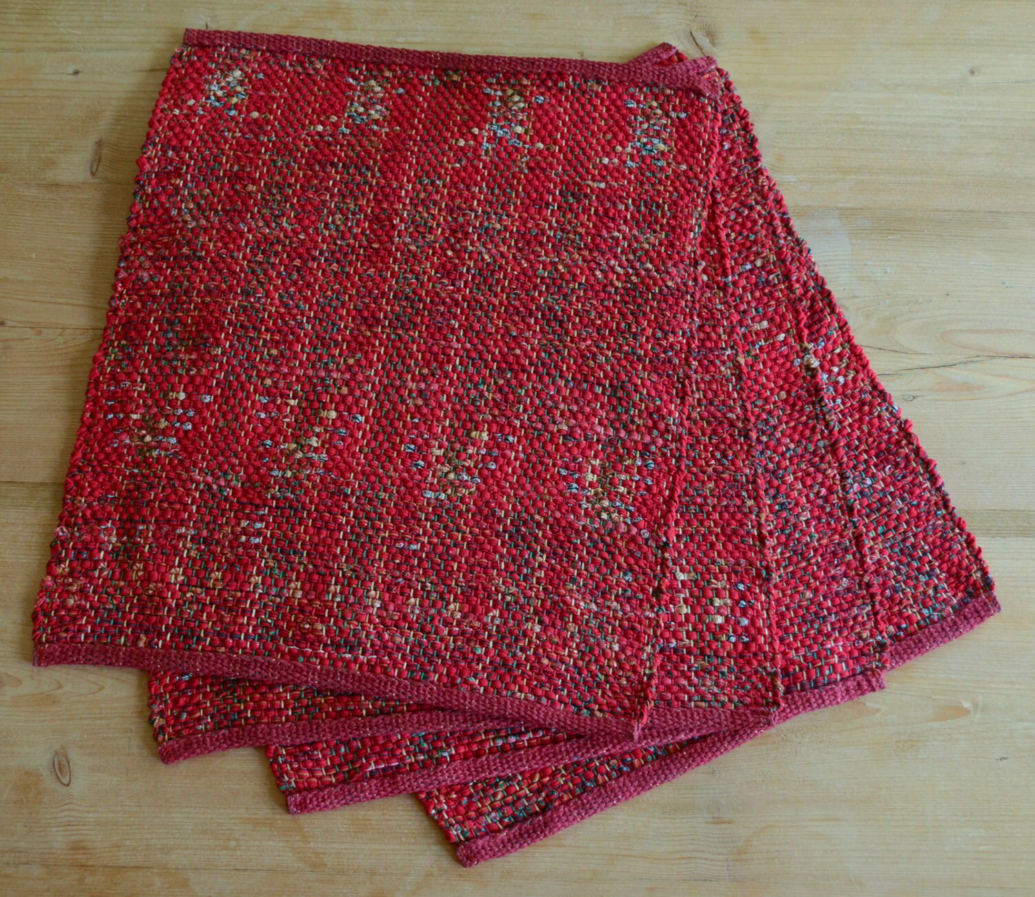 Hand Woven Placemats Red Patchwork Cotton Set of Four