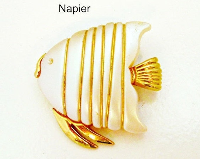 Napier Fish Brooch - gold metal white - plastic puffer fish pin