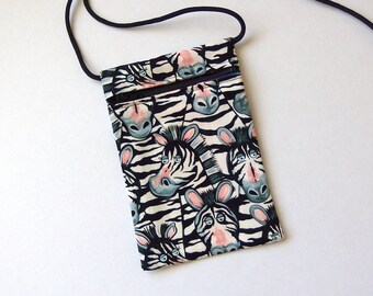 Pouch Zip Bag FUNNY ZEBRA Fabric. Great for walkers, markets, travel. Cell Phone Pouch. Small fabric Purse. black white stripe zebra.