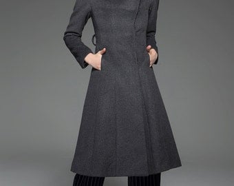 Wool coat women black coat long coat warm jacket layered