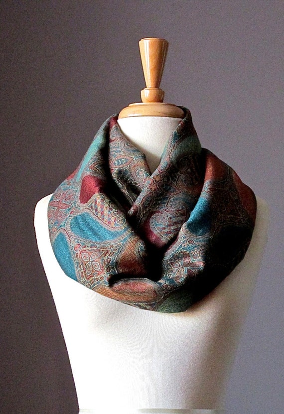 Large paisley Infinity Scarf Pashmina brown teal