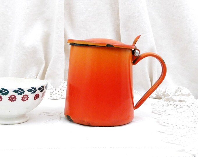 Vintage French Chippy Bright Orange Enamel Pitcher, French Country Decor Enamelware Milk Jug, Retro Kitchenware from France