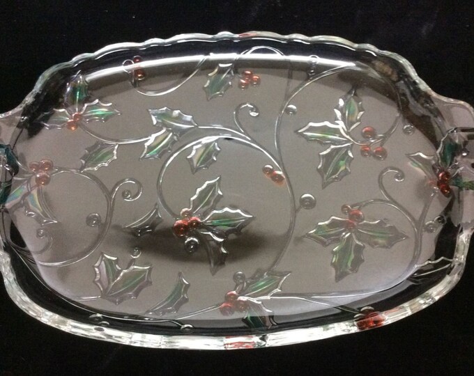 Mikasa Glass Christmas Cookie Dish Holly Season's Holly Red 15 1/2" Rectangular Platter