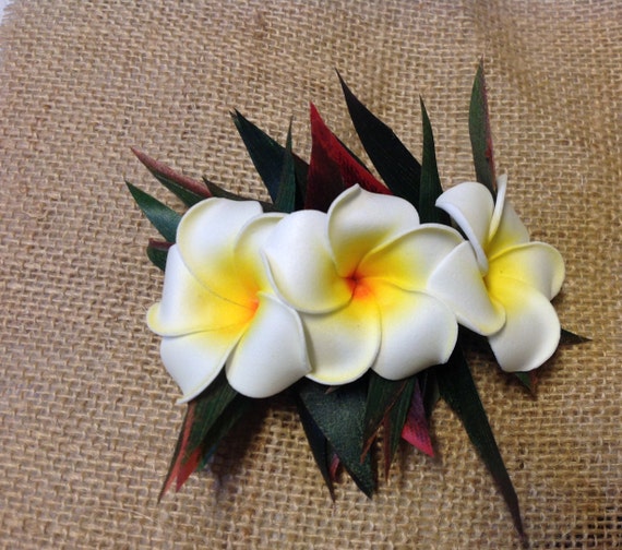 Hawaiian Flowers Hair Clip...Plumeria/Frangipani Flower & Silk