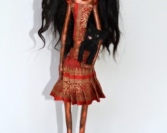OOAK Art Doll, Sculpted Paper Clay Art Doll, Handmade Doll, Black Angora Mohair, One of A Kind Art Doll, MALIA
