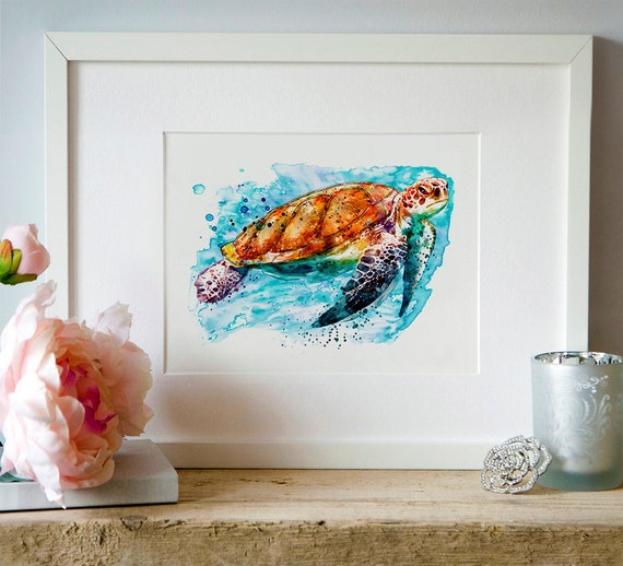 Sea Turtle Watercolor painting Wall art Wildlife Reptiles