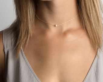 Dainty Pearl Choker Necklace • Tiny Pearl Necklace Gold, Delicate Choker Layering Necklace • Rose Gold Fill, Sterling Silver • LN613_L_aj
