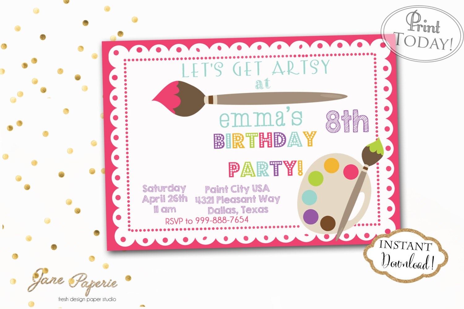 INSTANT DOWNLOAD Art Birthday Party Invitation by JanePaperie