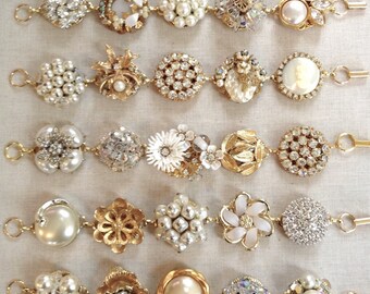 1 Vintage earring bracelet, gold, pearl, rhinestone, vintage, floral, bracelet, repurposed, jewelry, bridesmaid, cluster earring bracelet