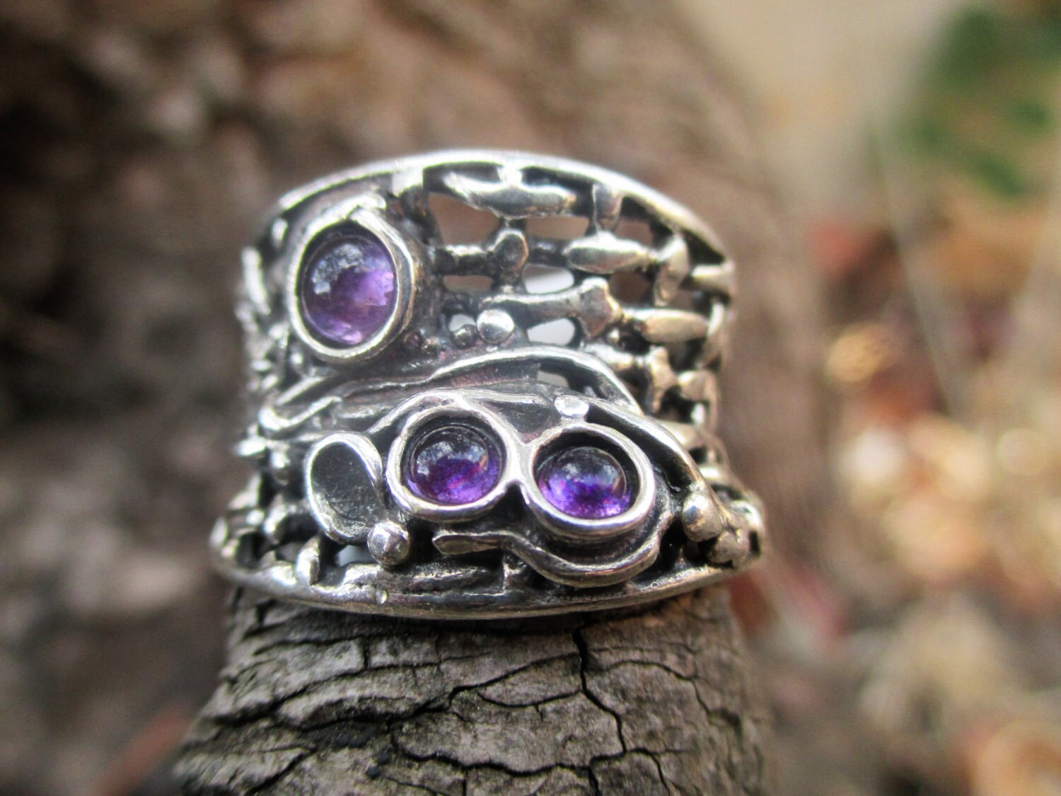 Handcrafted 925 Sterling Silver Net Ring Amethyst Inlaid