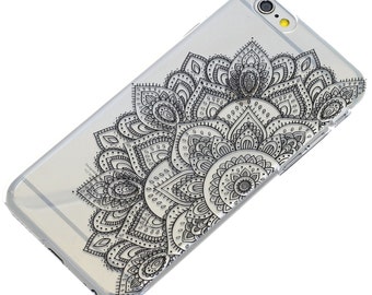 Half Black Mandala Henna Black Ink, iPhone Case, Transparent, Phone Case, iPhone 6, iPhone 5, iPhone SE, iPhone 6 plus, iPhone 7 Plus